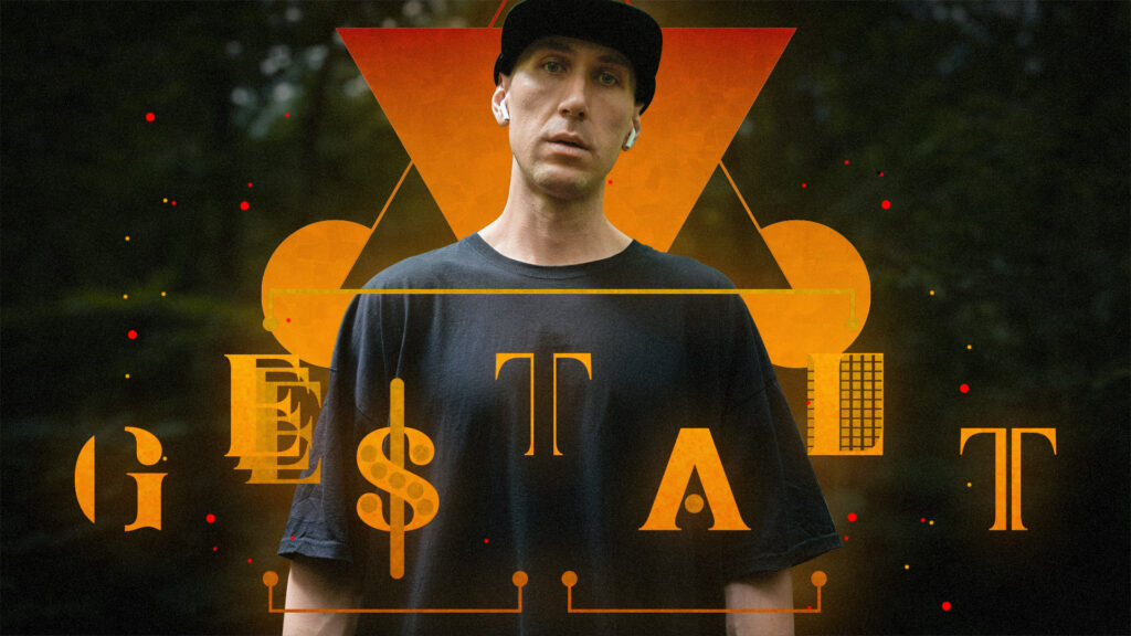 Man standing in nature with symbolic Gestalt diagram behind his head, referencing algorithmic perception and identity.